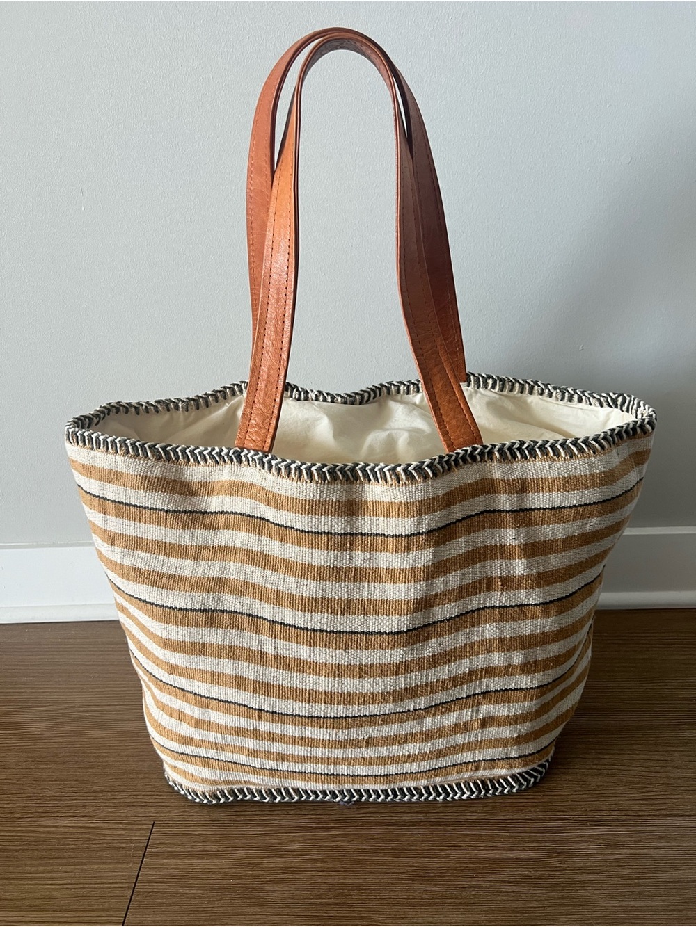Pulvermacher Striped Fashion Tote Bag XL Jute Cotton Zipper Tan Cream Black
